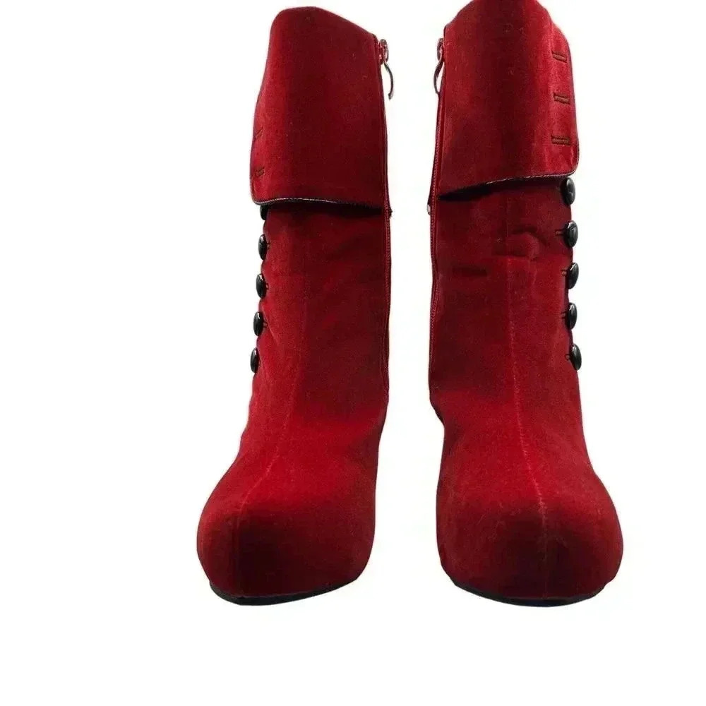 Red Velvet Victorian Inspired Platform Booties Button Accent Stiletto Heel - Picture 12 of 16